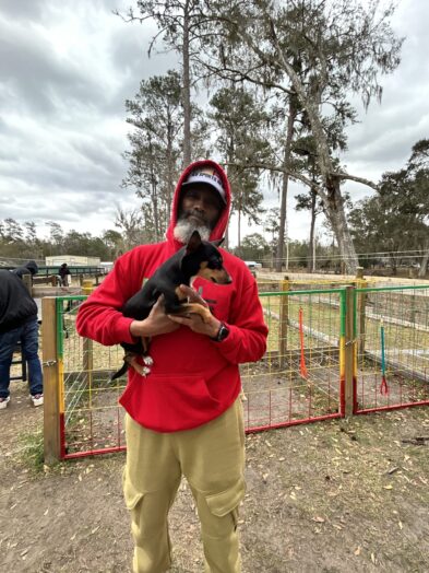 dog park with a man and a dog.