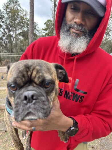 dog park with a man and a dog.
